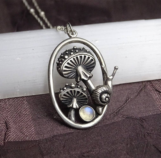 Sterling Silver Mushroom and Snail Necklace Pendant with Moonstone