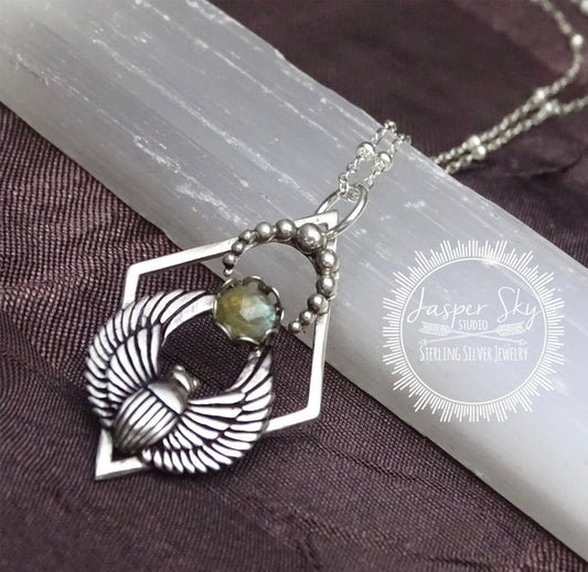 Sterling Silver Labradorite Scarab Beetle Necklace