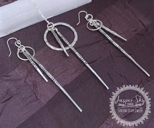 Sterling Silver Spike Pendant  Earrings Set with Etched Design - Unique Jewelry Gift for Her - Gift for Christmas