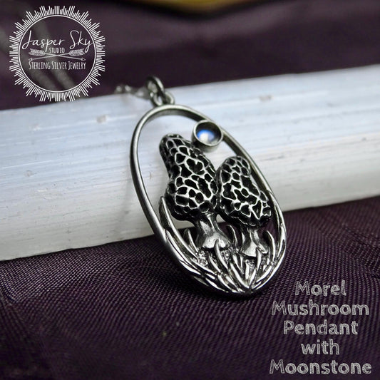 Morel mushroom pendant with moonstone