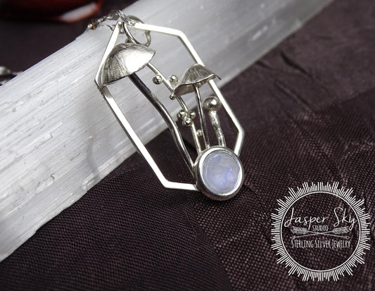 Mushroom Pendant, Handmade Sterling Silver Hexagon Frame with Moonstone Bezel