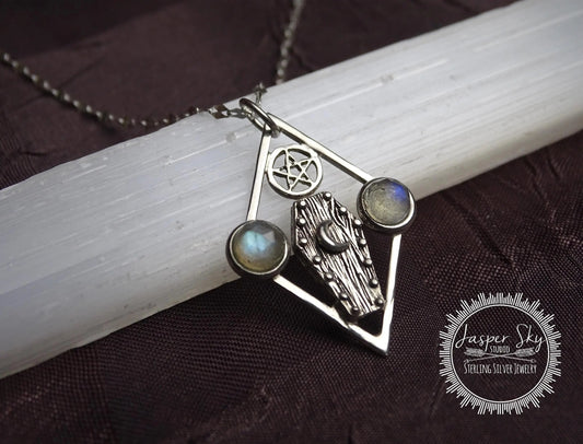 Tombstone Pendant, Handmade Sterling Silver Moonstone Necklace, Wicca Star Gemstone Jewelry, Unique Gothic Statement Gift