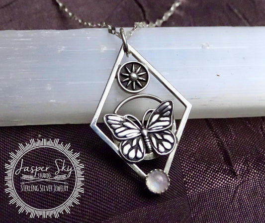 Monarch Butterfly Necklace with Sun - Sterling silver, Moonstone