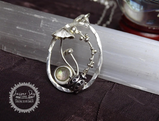 Nature Lovers Necklace Handcrafted Ladybug  Mushroom Pendant in Sterling Silver with Moonstone Bezel - Gift for Christmas