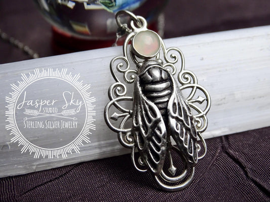 Cicada Filigree Pendant: Sterling Silver Handmade Necklace with Opal, Unique Nature-Inspired Jewelry,