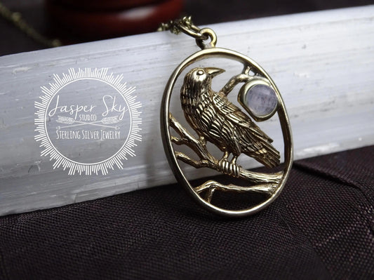 Gold Raven Necklace with Moonstone