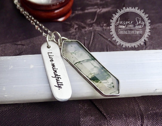 Moss Agate Pendant Hexagon, Sterling Silver Personalized “Live Mindfully” Charm Necklace