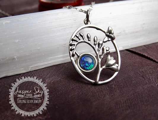 Bee Pendant Handmade Sterling Silver, Oval Pendant with Australian Opal Bezel, Unique Nature Jewelry Gift