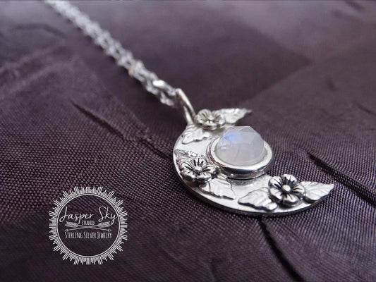 Floral Moon Pendant: Sterling Silver & Moonstone