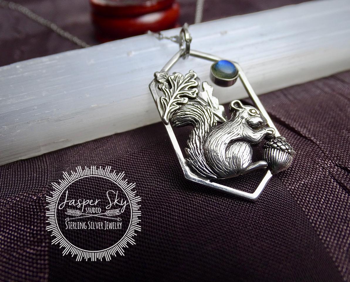 Squirrel Pendant, Nature-Inspired Labradorite Silver Necklace