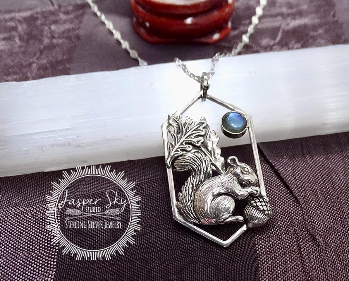 Squirrel Pendant, Nature-Inspired Labradorite Silver Necklace