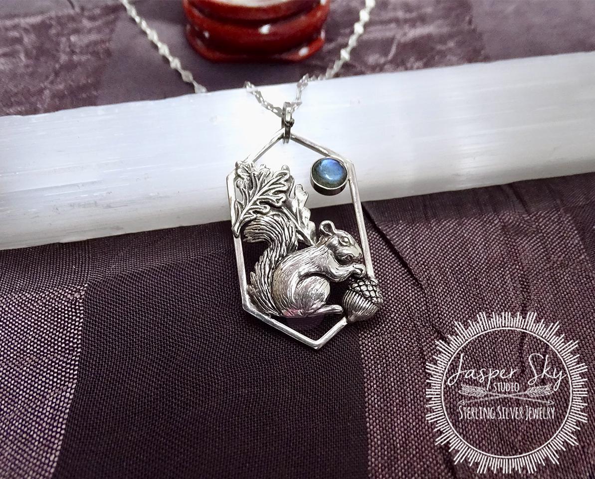 Squirrel Pendant, Nature-Inspired Labradorite Silver Necklace