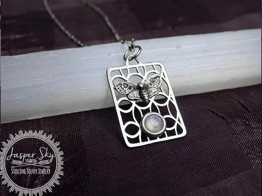 Moth Pendant in Sterling Silver with Moonstone, Nature-Inspired Jewelry for Special Occasions, Unique Gift