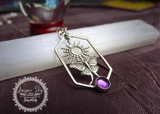 Moth and Sun Pendant: Handmade Sterling Silver Luna Moth with Amethyst Gift, Hexagon Necklace for Nature Lovers