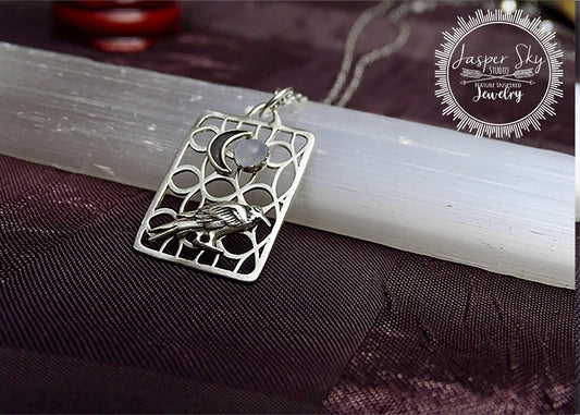 Raven Moon Pendant in Sterling Silver with Moonstone - Nature-Inspired Jewelry for Special Occasions