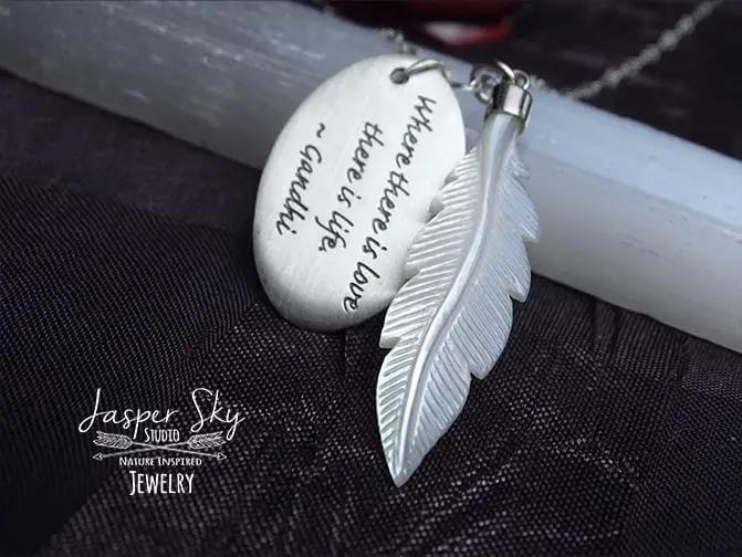 Feather Phrase Pendant with Mother of Pearl Detail - Sterling Silver Gandhi Quote Necklace for Love-Inspired Gift Giving   - One of a Kind Holiday Gift