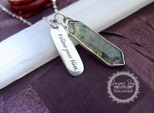 Handcrafted Moss Agate Necklace - Silver Long Hexagon with &quot;Follow Your Bliss&quot; Tag - Meaningful Gift