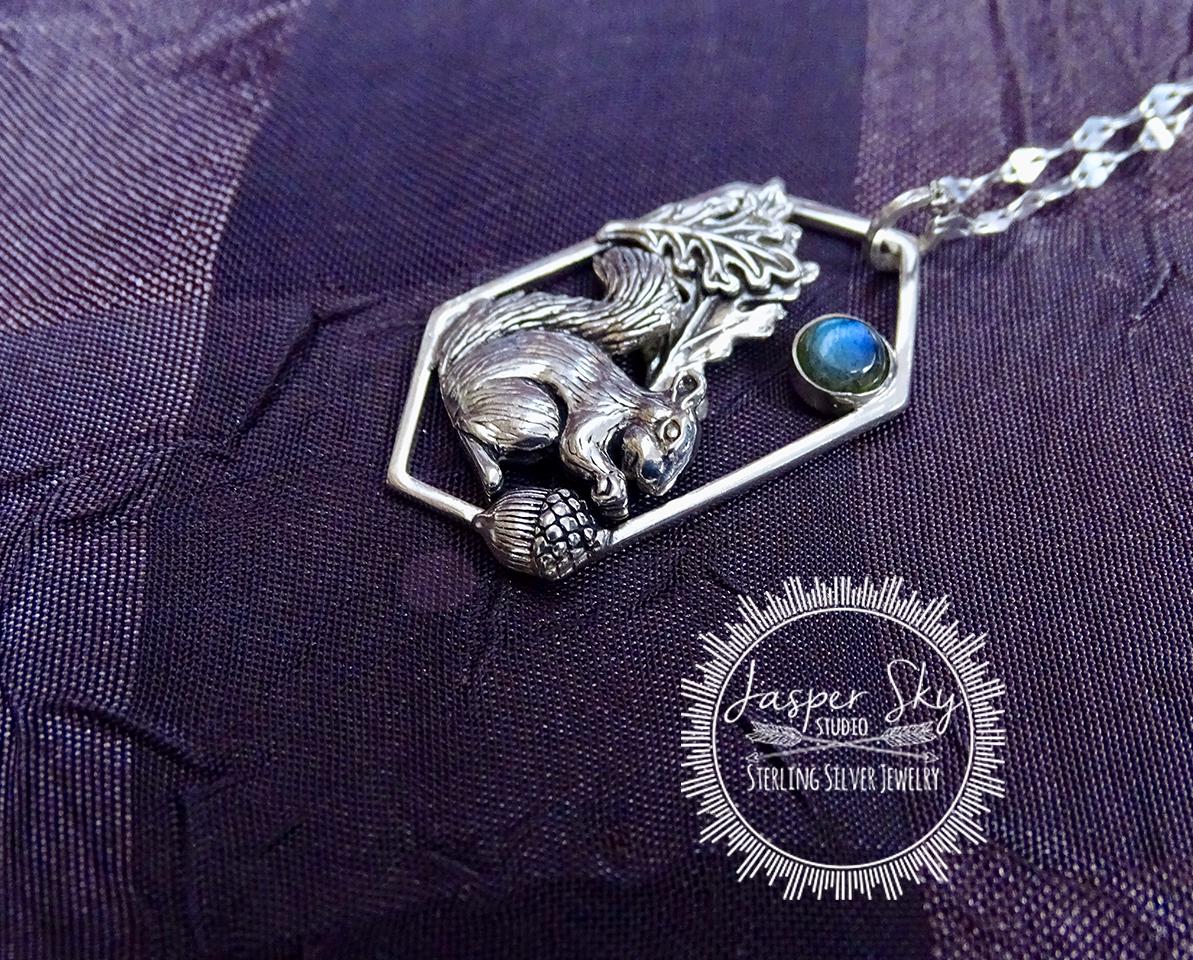 Squirrel Pendant, Nature-Inspired Labradorite Silver Necklace