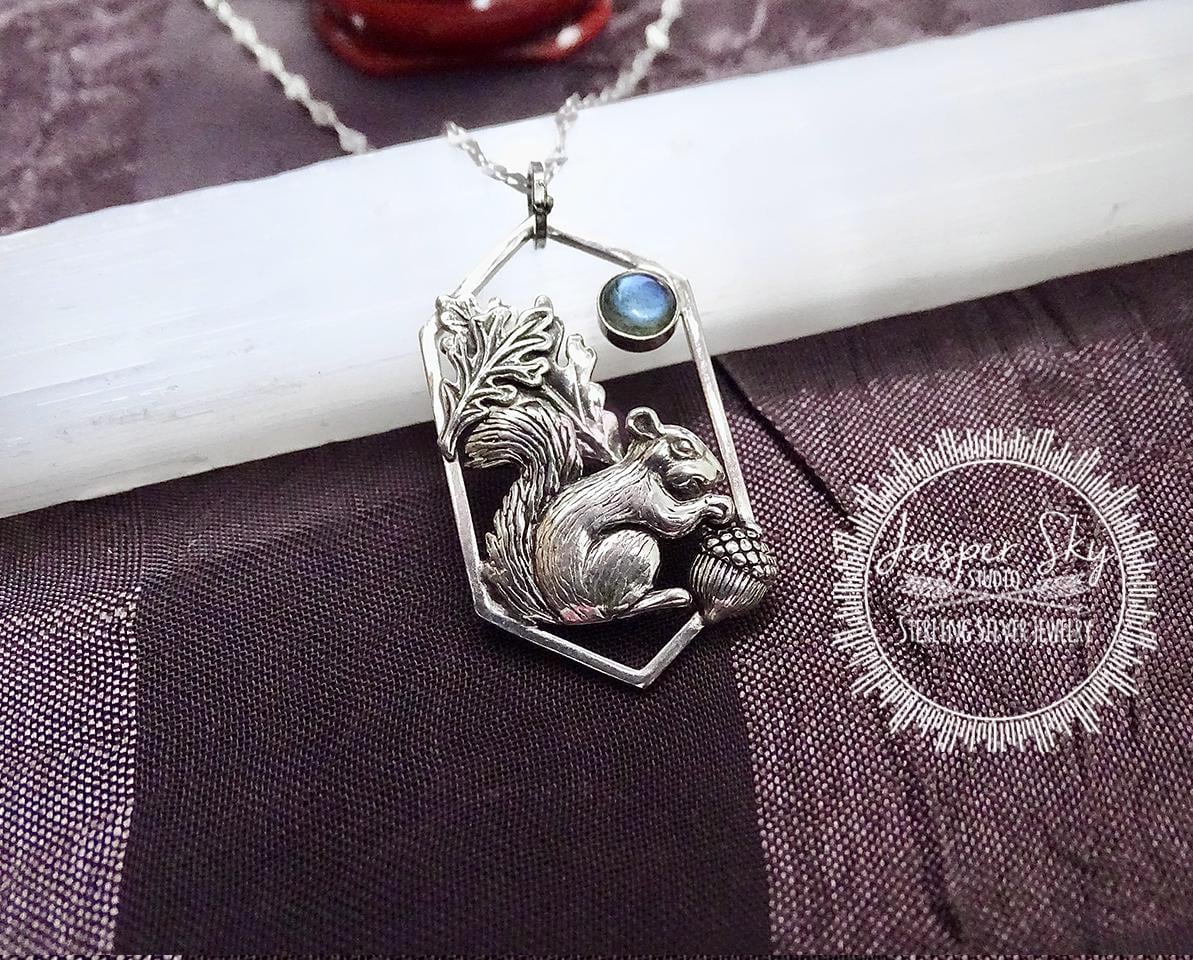 Squirrel Pendant, Nature-Inspired Labradorite Silver Necklace