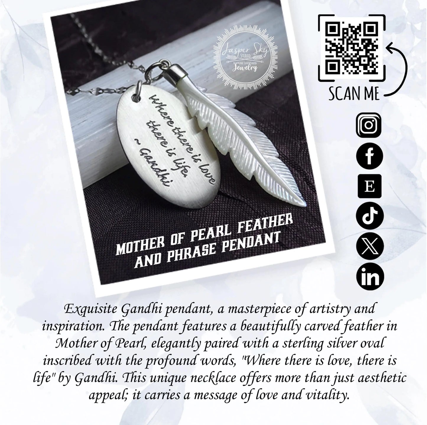 Feather Phrase Pendant with Mother of Pearl Detail - Sterling Silver Gandhi Quote Necklace for Love-Inspired Gift Giving   - One of a Kind Holiday Gift