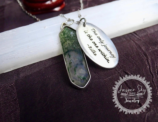 Engraved Moss Agate Pendant - Sterling Silver Rilke Quote - Inspirational Journey Gift   - Unique Holiday Gift