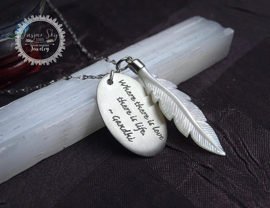 Feather Phrase Pendant with Mother of Pearl Detail - Sterling Silver Gandhi Quote Necklace for Love-Inspired Gift Giving   - One of a Kind Holiday Gift