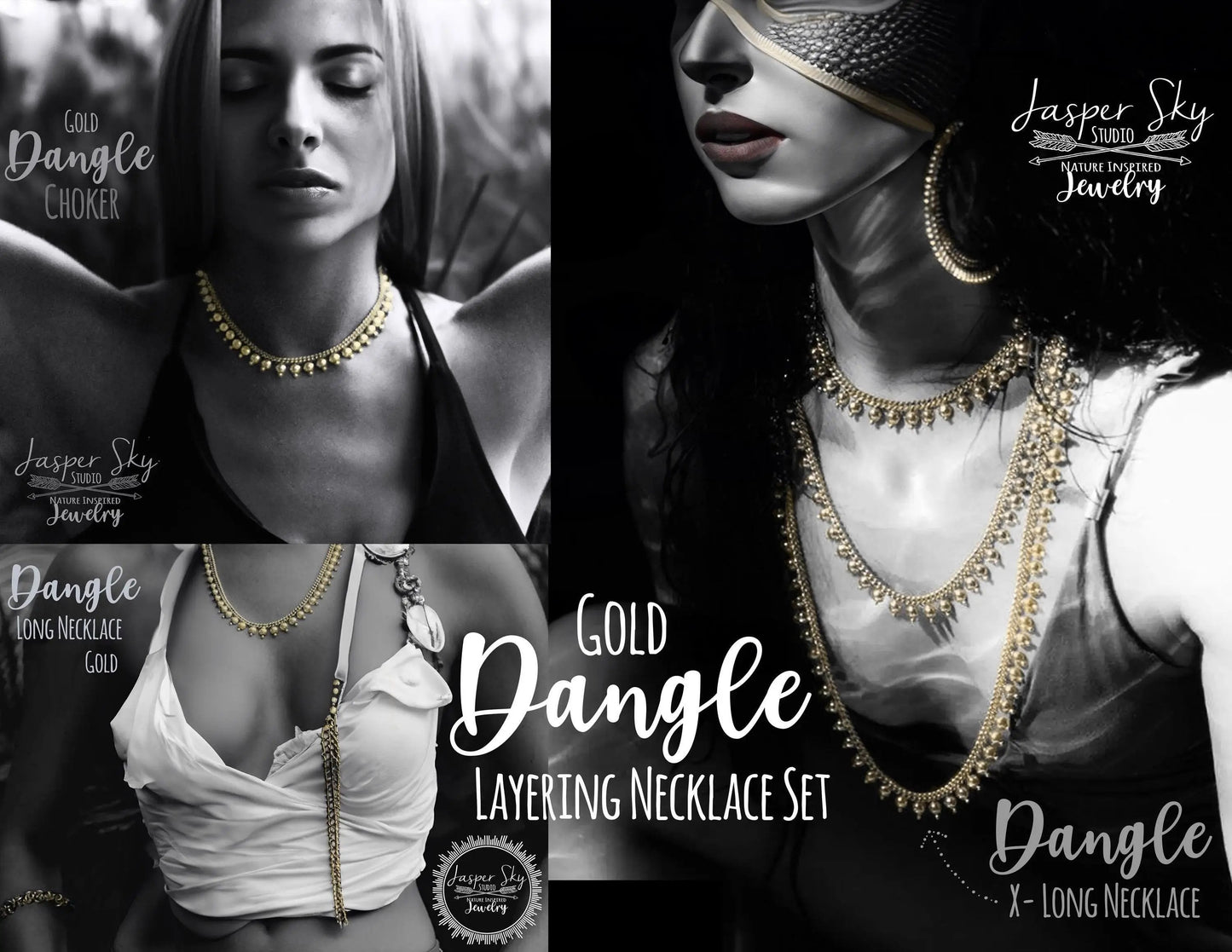 Gold Layering Necklace Set - Dangle Necklaces - Statement Jewelry Gift Set - Boho Chic - 18K Gold